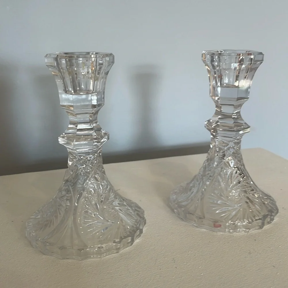 Antique glass candle sticks unique detailed etching
